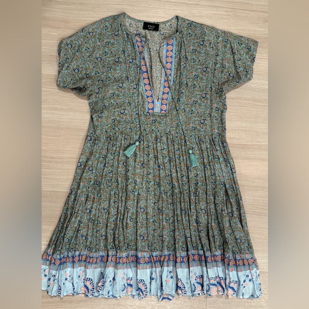 Vici Boho Light Blue and Green Patterned Mini Dress